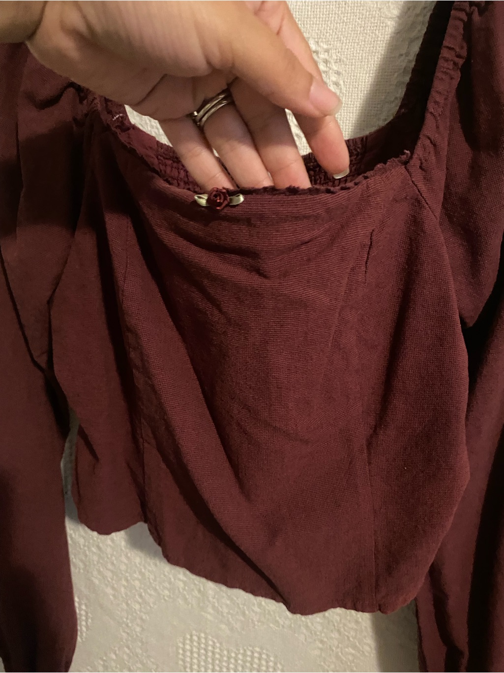Le Lis Wine Red Square-Neck Cropped Blouse With Rosette